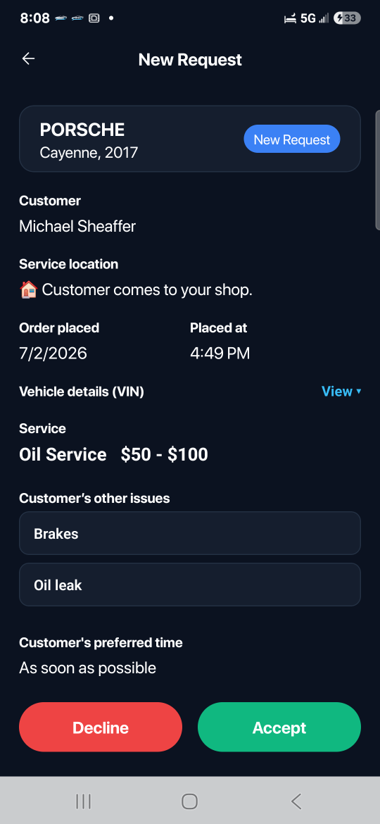 ProperMech Pro — a new customer request and estimate on your phone
